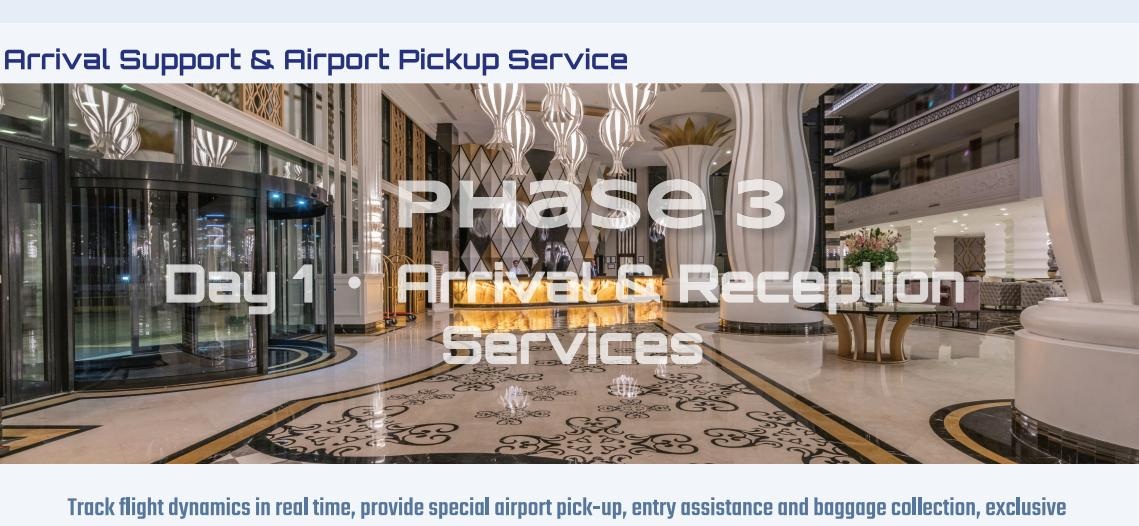 Phase 3 arrival support and airport pickup service: Day 1 arrival and reception services